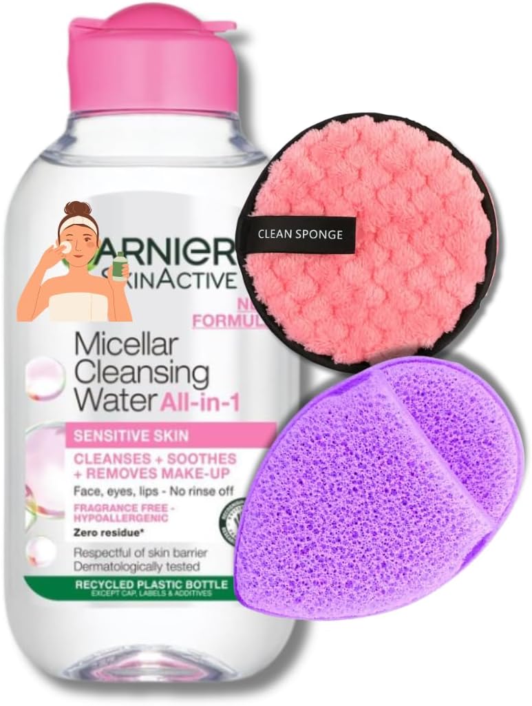 Micellar cleansing water travel set 100ml with reusable puff