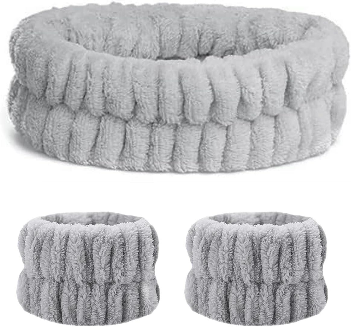 3 Pcs Grey Spa Headband Wrist Washband Set