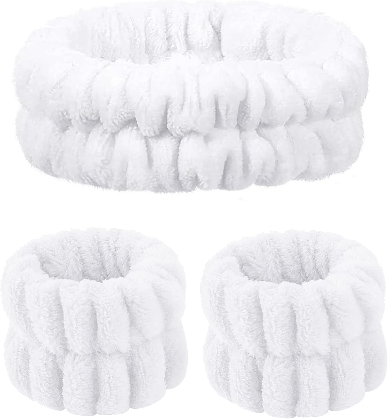 3 Pcs White Spa Headband Wrist Washband Set